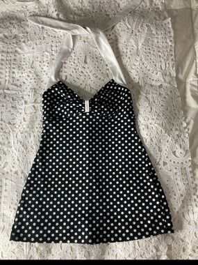 Pinup Couture Black & White Polka Dot Halter Swim Dress M measurements in pics